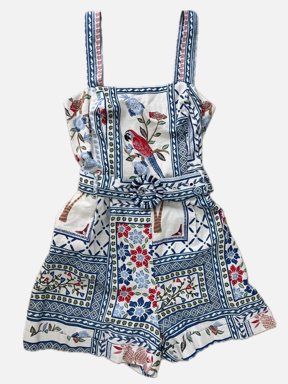 House of Harlow 1960 Linen Romper Tropical Floral Print Blue Red Green, S
